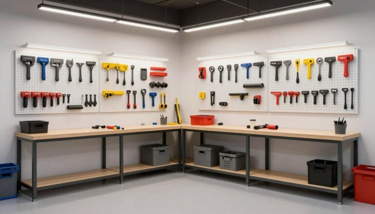 Organized garage workshop with neatly arranged tools on wall storage systems