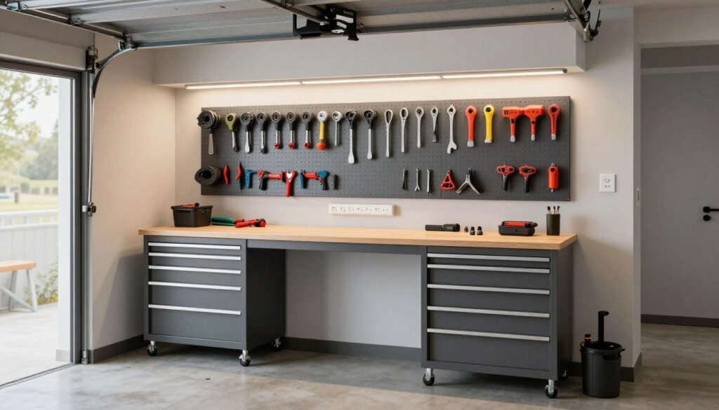 Organized garage workshop zone with workbench and tool storage