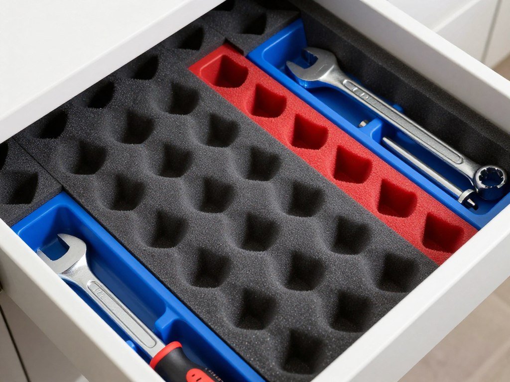 Organized hand tool drawer with custom foam inserts showing tool silhouettes