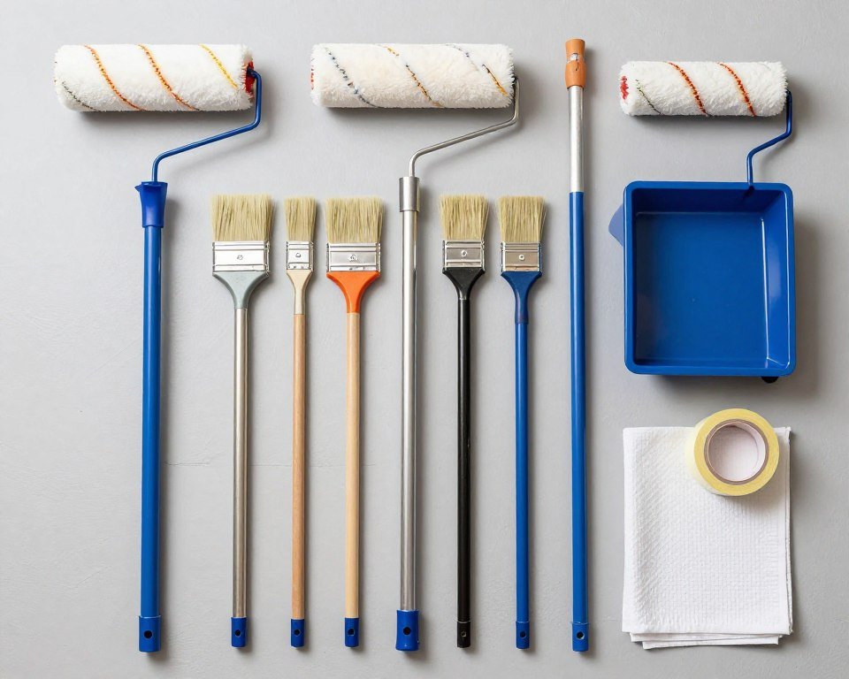 Organized painting tools including rollers, brushes, trays, and tape for a garage project