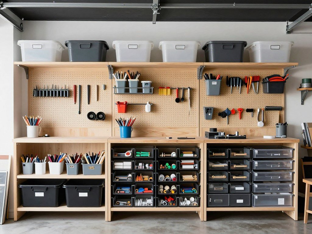 Organized storage solutions in a converted garage art studio with labeled containers and shelving Organized storage solutions in a converted garage art studio with labeled containers and shelving