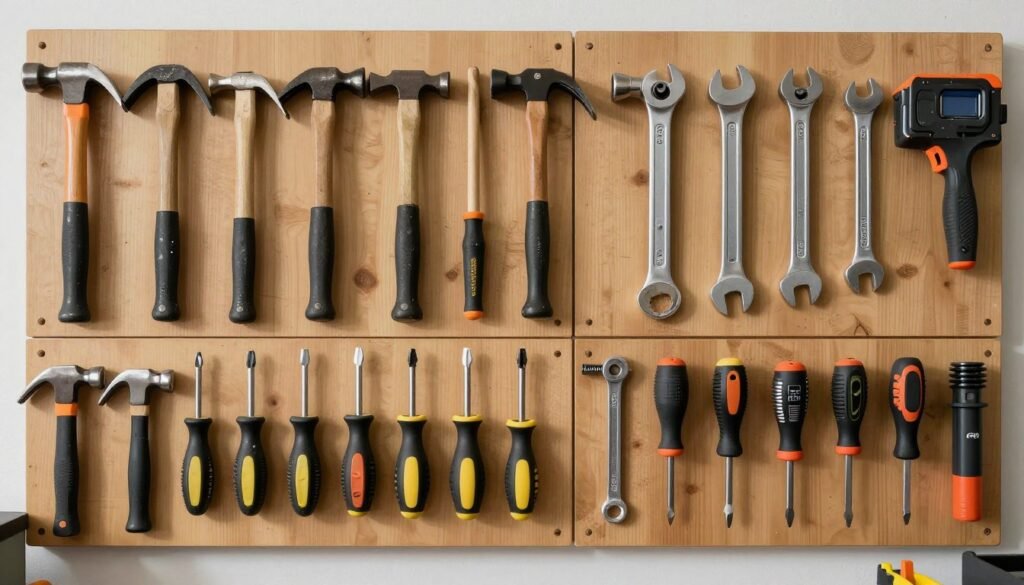 Organized tool wall with pegboard holding various hand tools in a garage workshop Organized tool wall with pegboard holding various hand tools in a garage workshop