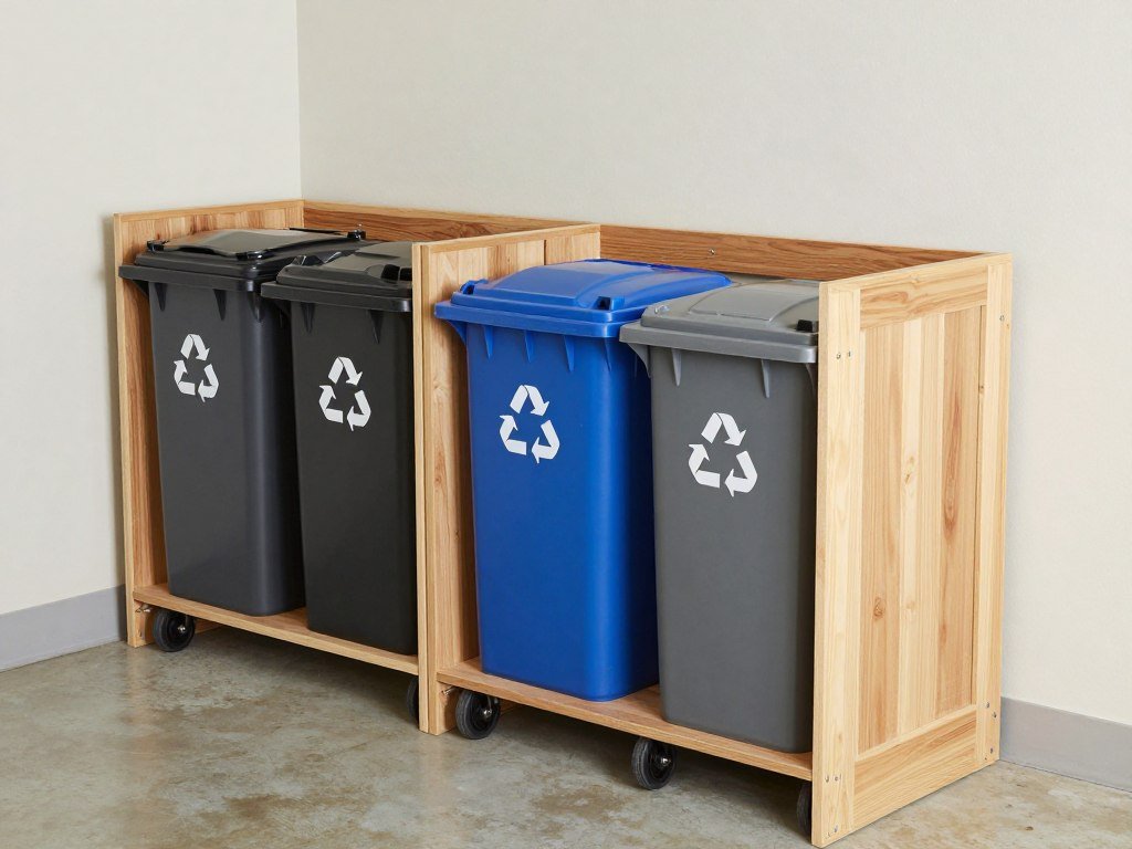 Organized trash and recycling bin area in a garage with wheeled platforms and clear labeling