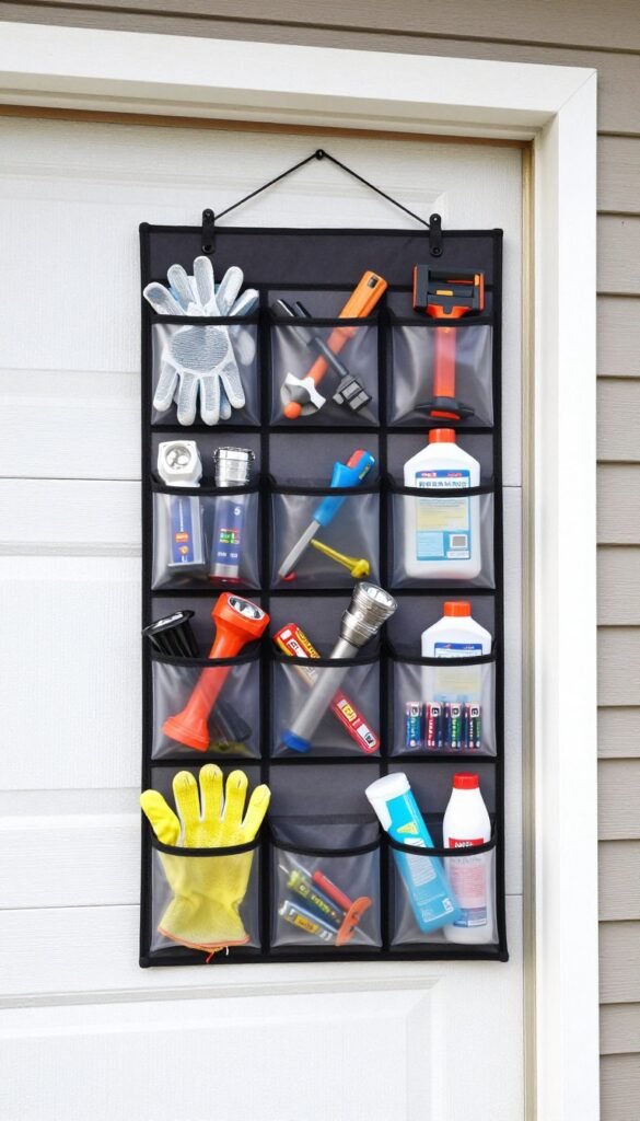 Over-the-door organizer with multiple pockets holding small garage items and supplies