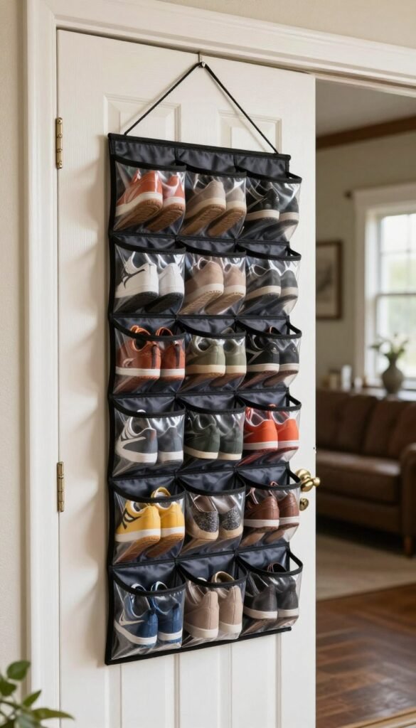 Over-the-door shoe organizer hanging on garage entry door with shoes in each pocket