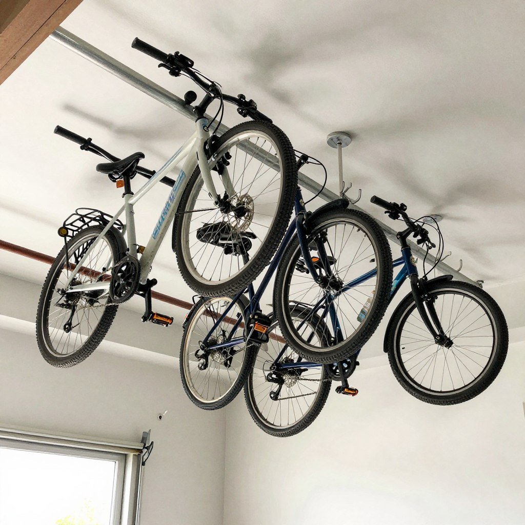 Overhead bike storage hooks with bicycles hanging from ceiling Overhead bike storage hooks with bicycles hanging from ceiling