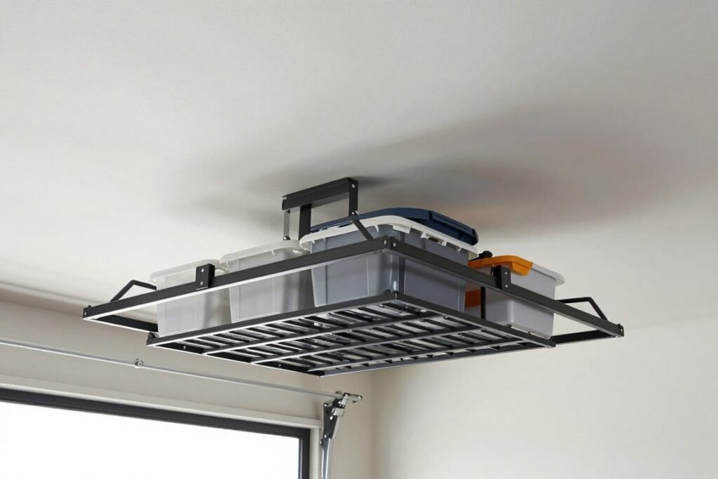 Overhead ceiling-mounted garage storage rack holding bins and seasonal items