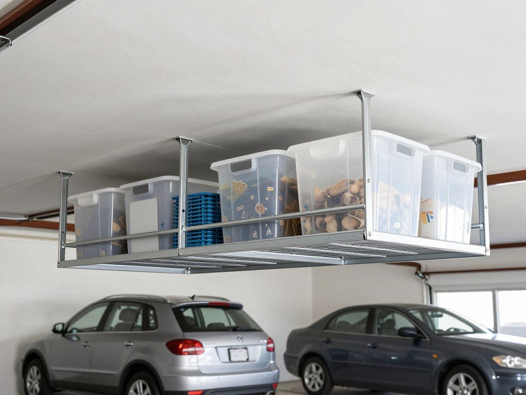 Overhead garage storage racks holding seasonal items and bins