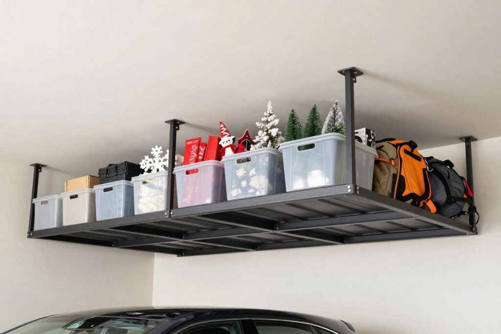 Overhead garage storage racks with seasonal items