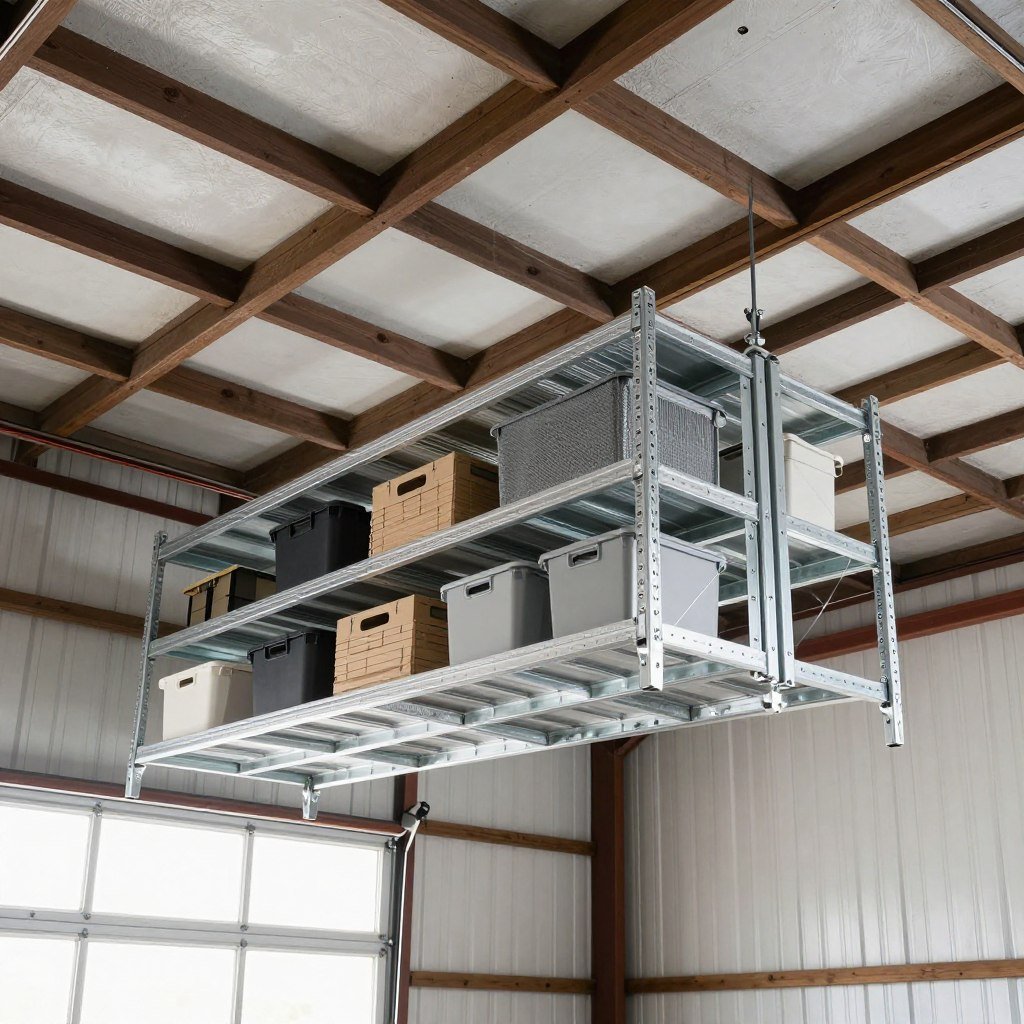 Overhead storage racks in a pole barn garage
