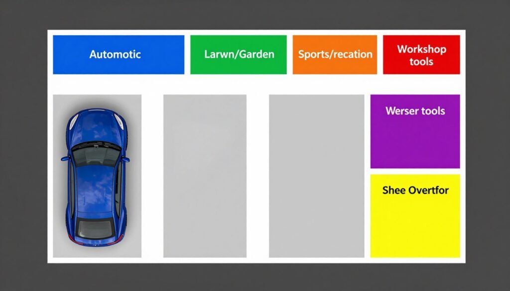 Overhead view of a two car garage with clearly marked zones for different categories of items and pathways for movement