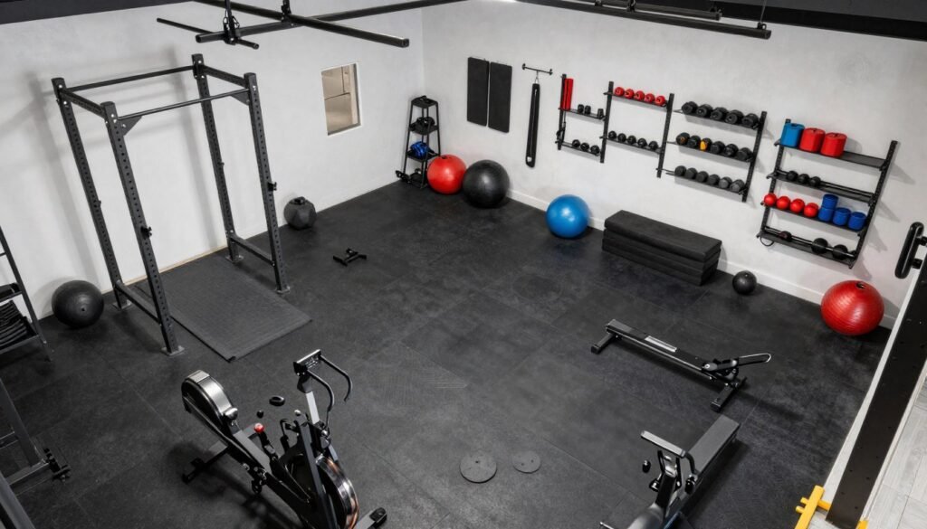 Overhead view of a well-organized garage gym layout with distinct zones