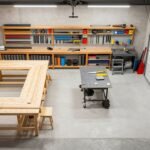 Overhead view of a well-organized garage workshop layout with labeled zones for different functions