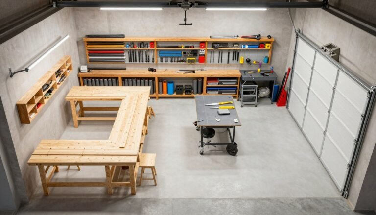 Overhead view of a well-organized garage workshop layout with labeled zones for different functions