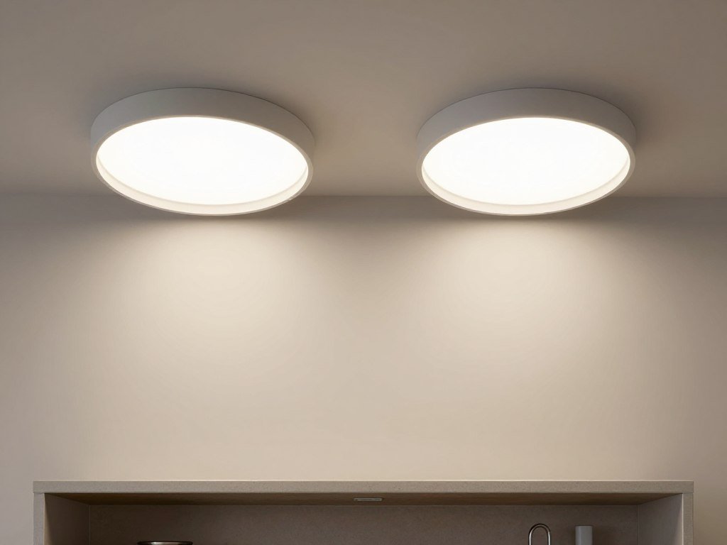 Overhead view showing perfectly centered lighting fixtures above a kitchen island