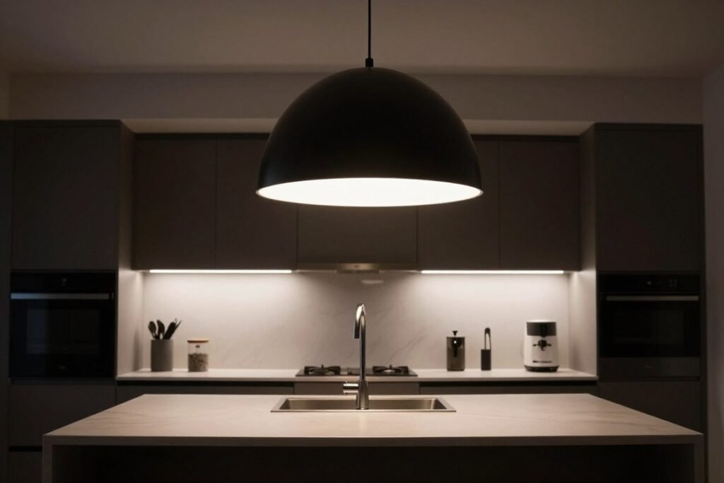 Oversized dome pendant light over kitchen island