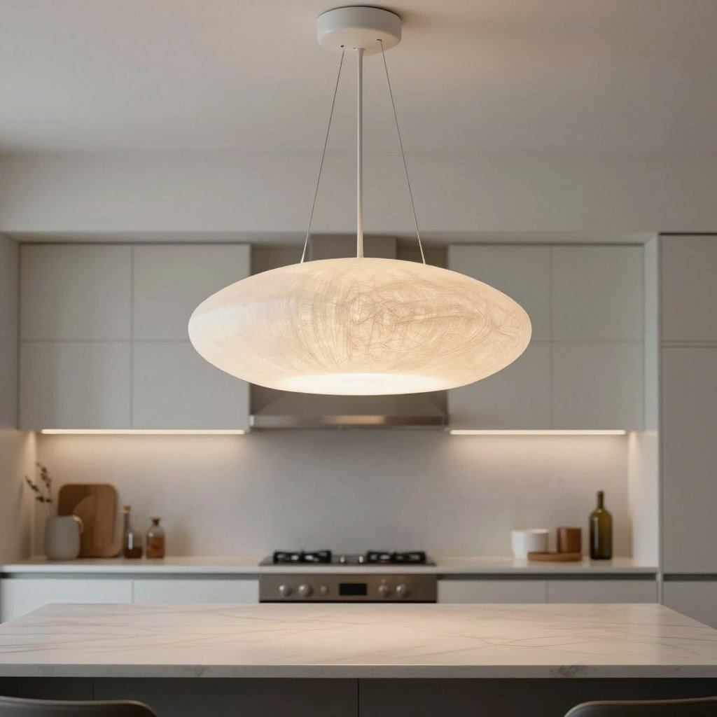 Oversized statement pendant light centered over kitchen island