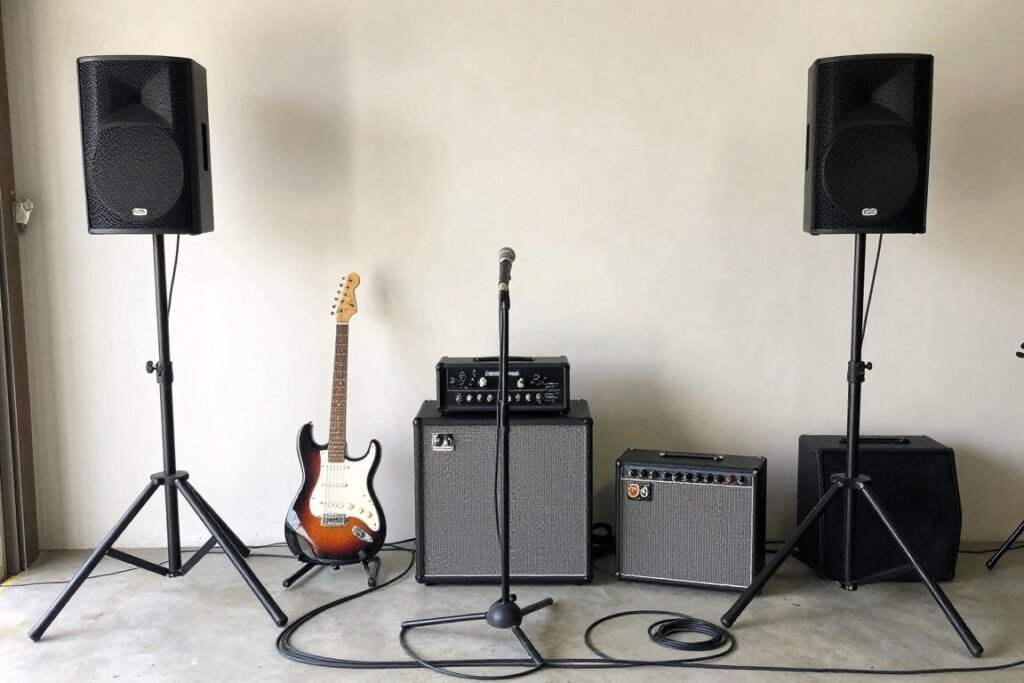 PA system and amplifiers set up for a garage band practice