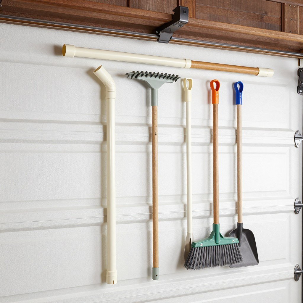 PVC pipe sections mounted on wall for tool storage