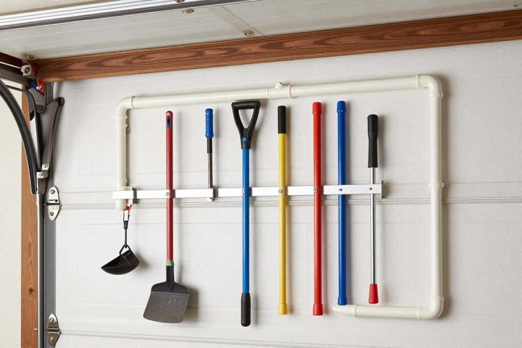 PVC pipe storage system for garden tools and sports equipment