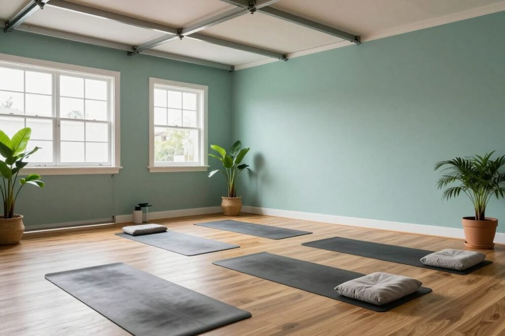 Peaceful yoga studio in converted garage with natural elements