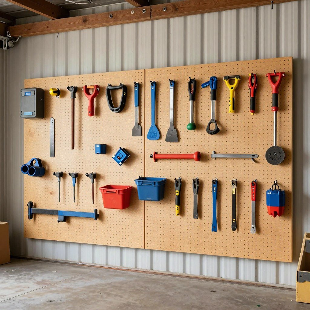 Pegboard tool organization in a pole barn garage