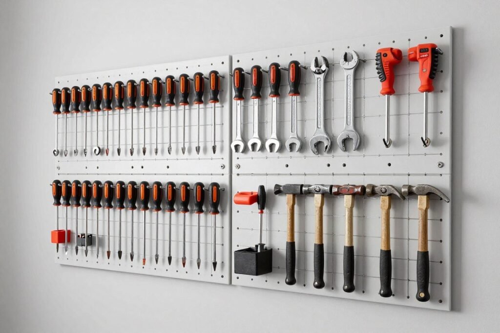 Pegboard wall storage system with tools neatly arranged Pegboard wall storage system with tools neatly arranged