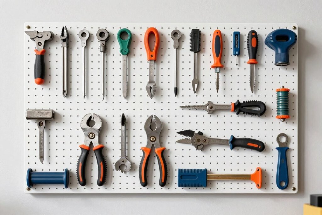 Pegboard wall with organized tools and outline shadows