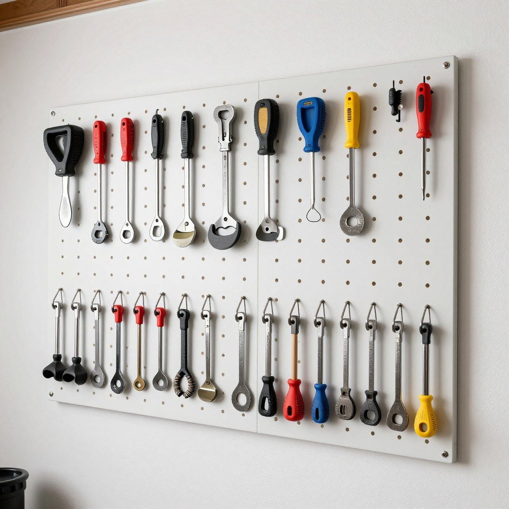 Pegboard wall with tools arranged in an organized pattern