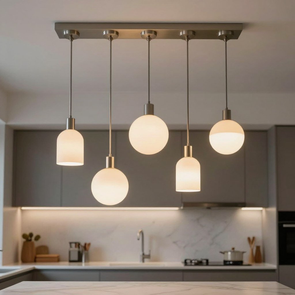 Pendant lights at different heights creating visual interest in an open kitchen Pendant lights at different heights creating visual interest in an open kitchen