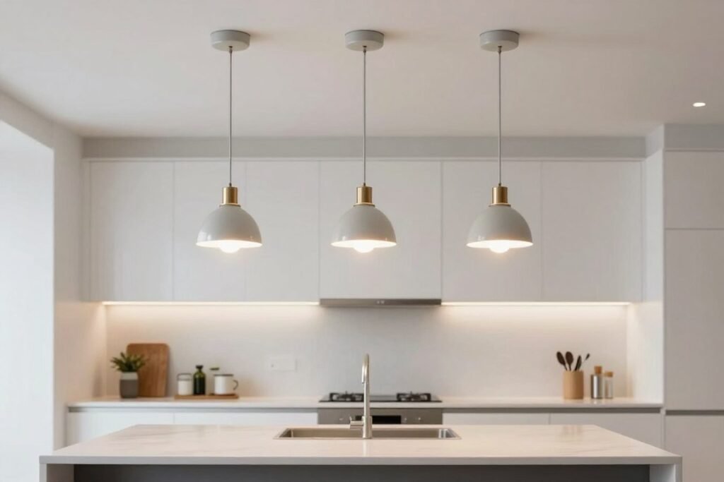 Pendant lights at proper height over kitchen island