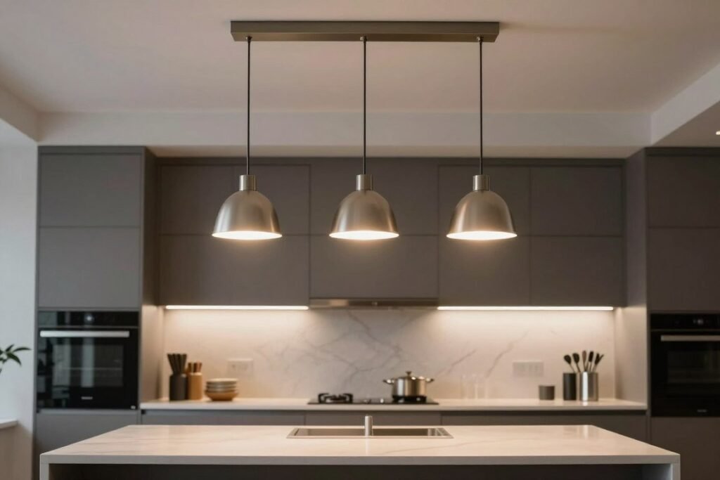 Pendant lights hanging at the ideal height above a kitchen island