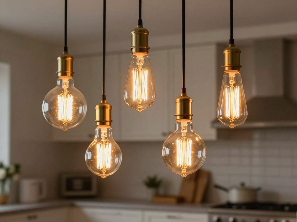 Pendant lights with decorative Edison bulbs adding vintage charm to a kitchen island