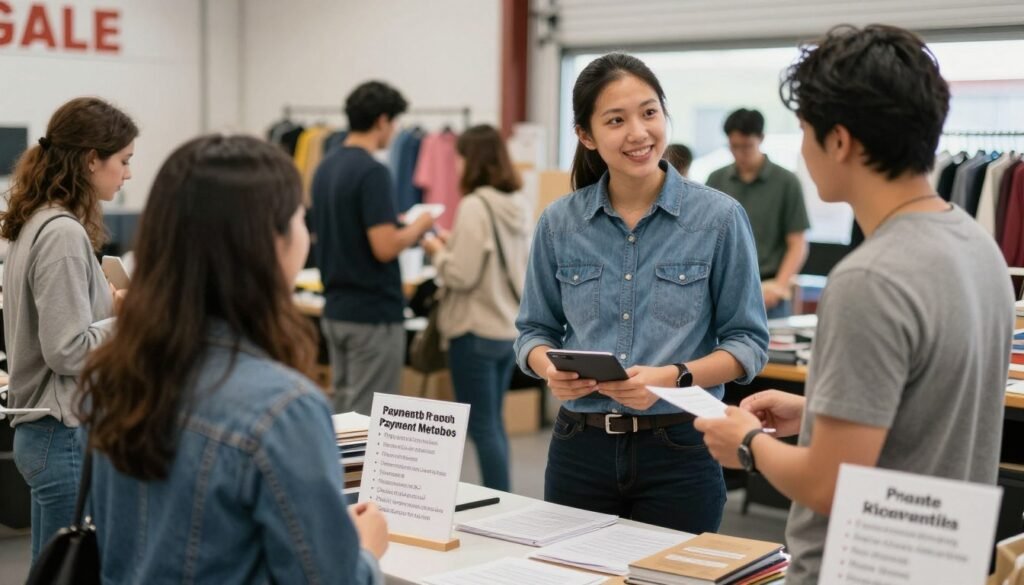 Person answering questions from customers at a garage sale information table