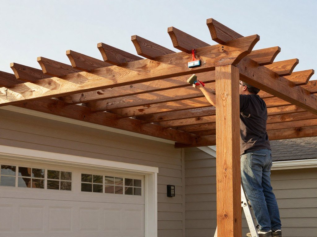 Person applying wood stain to a completed garage pergola structure to protect and enhance its appearance