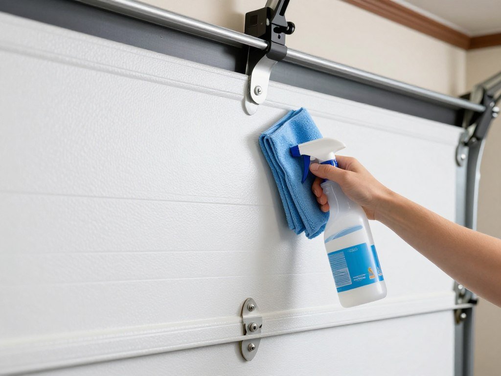 Person cleaning PVC garage wall panels with spray cleaner and cloth Person cleaning PVC garage wall panels with spray cleaner and cloth