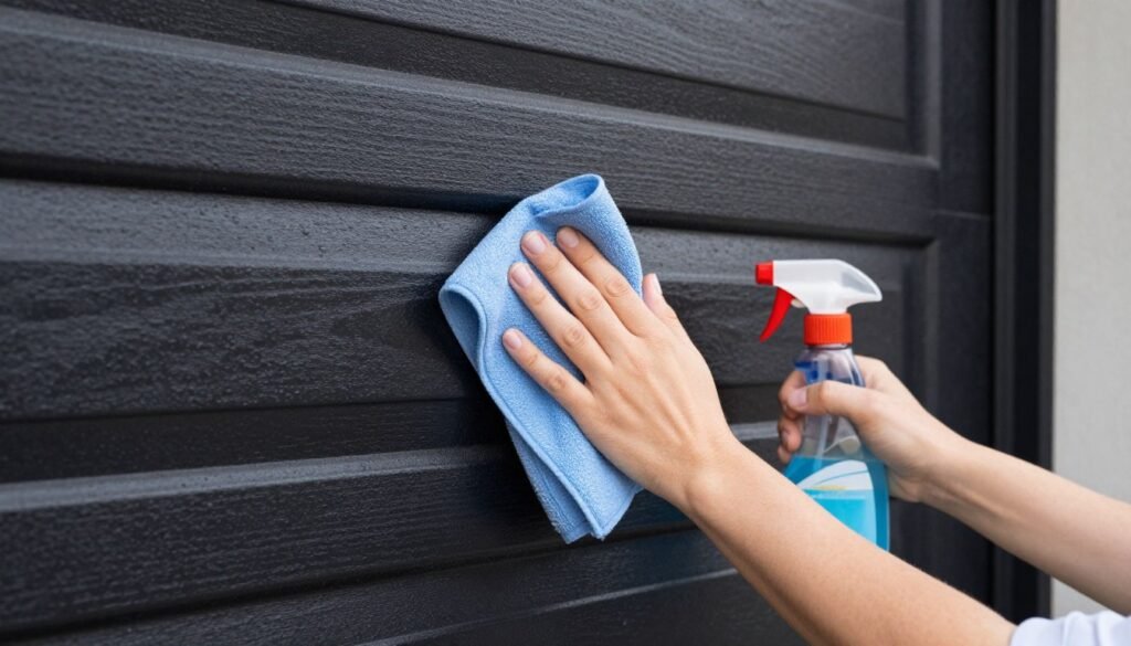 Person cleaning a black garage door with appropriate cleaning supplies