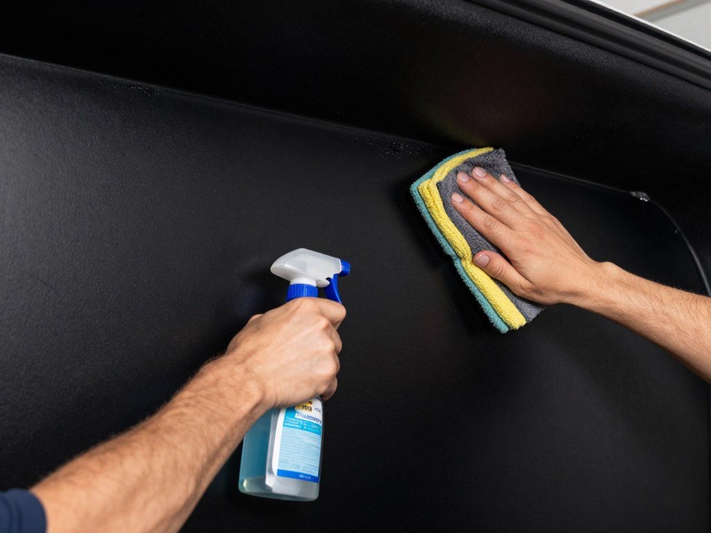 Person cleaning a black garage wall with specialized cleaning tools