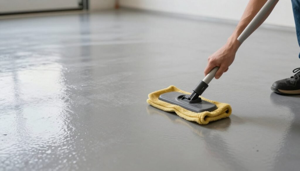 Person cleaning an epoxy garage floor with a microfiber mop