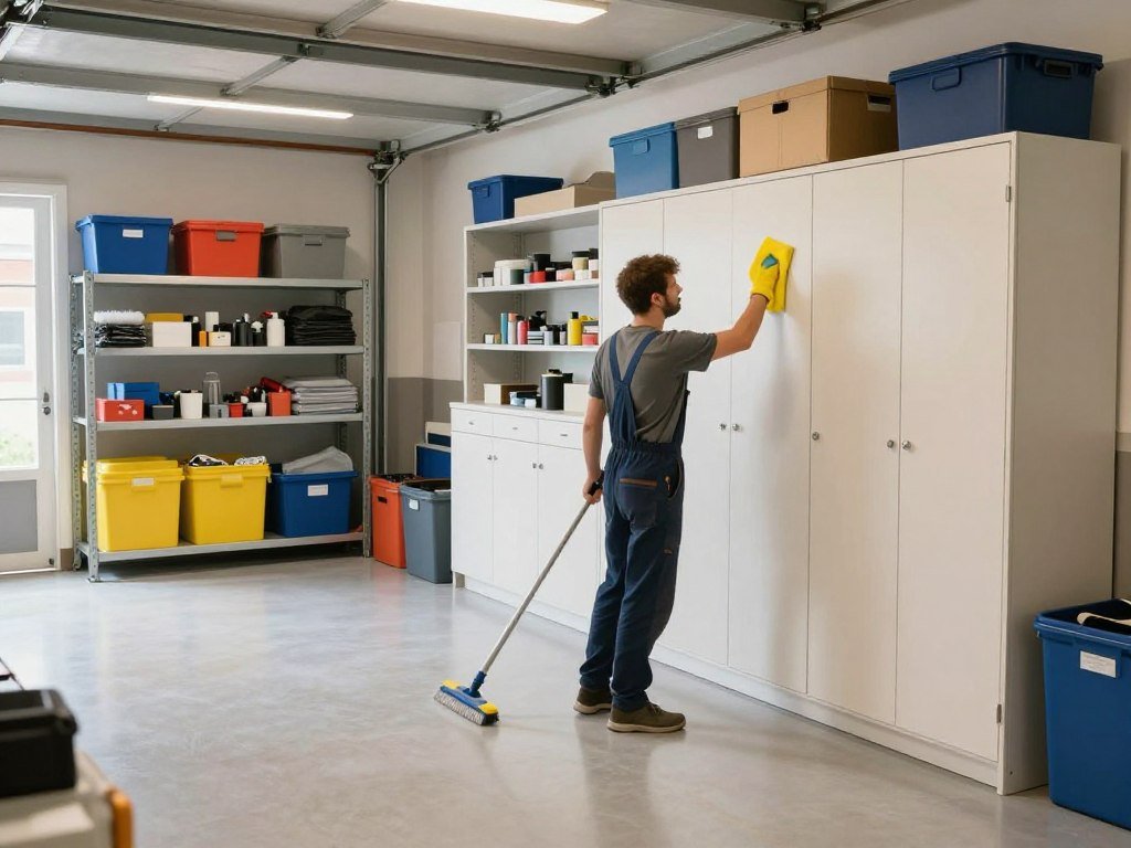 Person cleaning and maintaining a well-organized garage interior