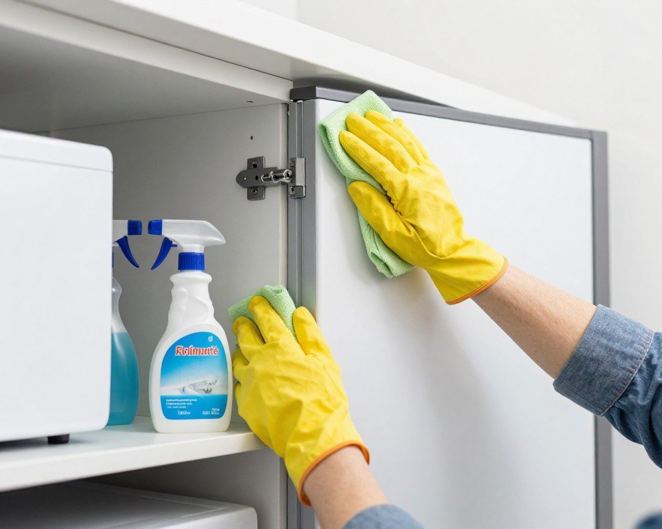 Person cleaning and organizing an appliance garage with cleaning supplies