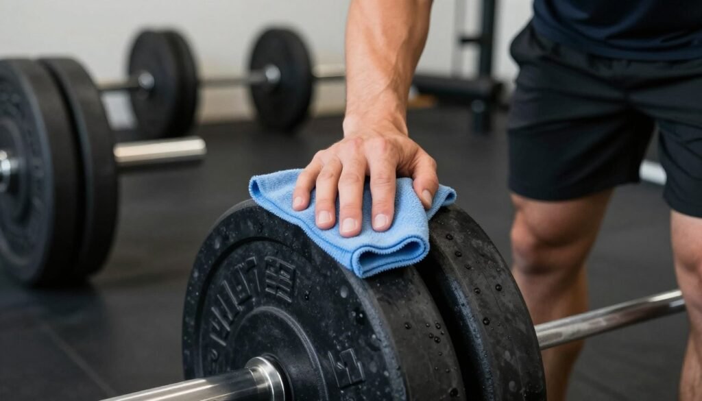 Person cleaning black gym equipment in garage