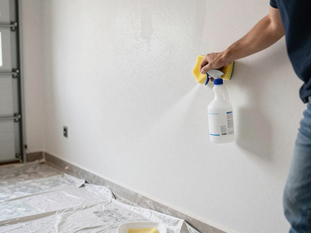 Person cleaning garage wall with degreaser before painting