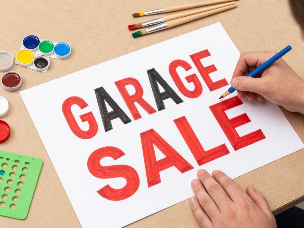 Person creating a DIY garage sale sign with craft supplies