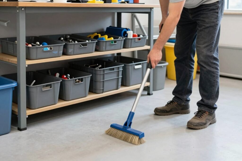 Person doing quick cleanup in organized garage workshop