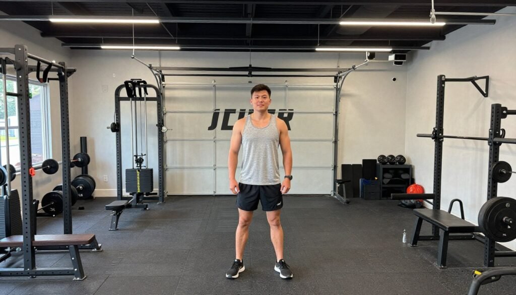 Person enjoying their completed garage gym with a satisfied expression