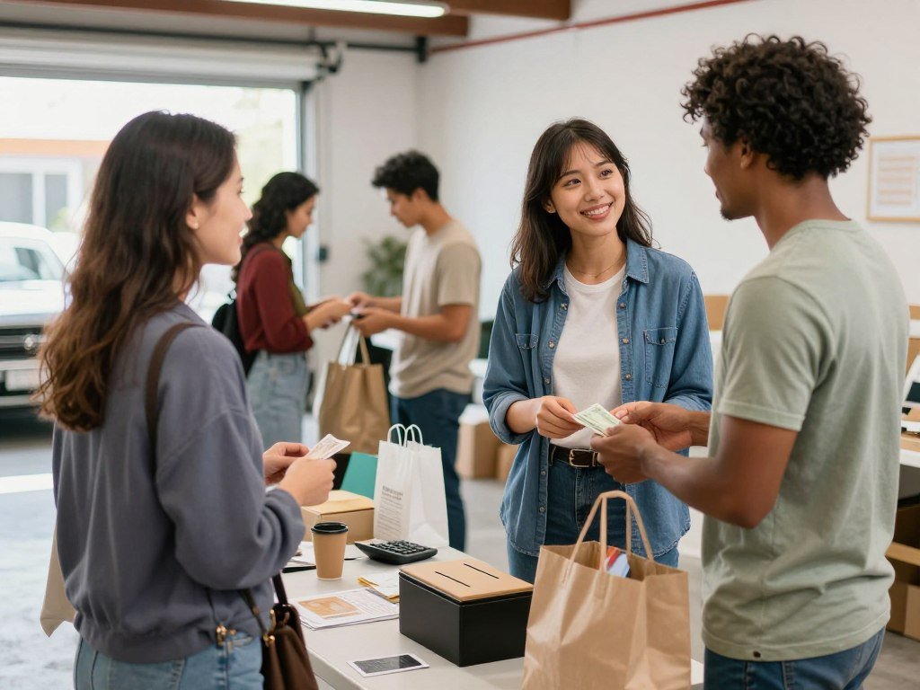 Person handling money and helping customers at a busy garage sale