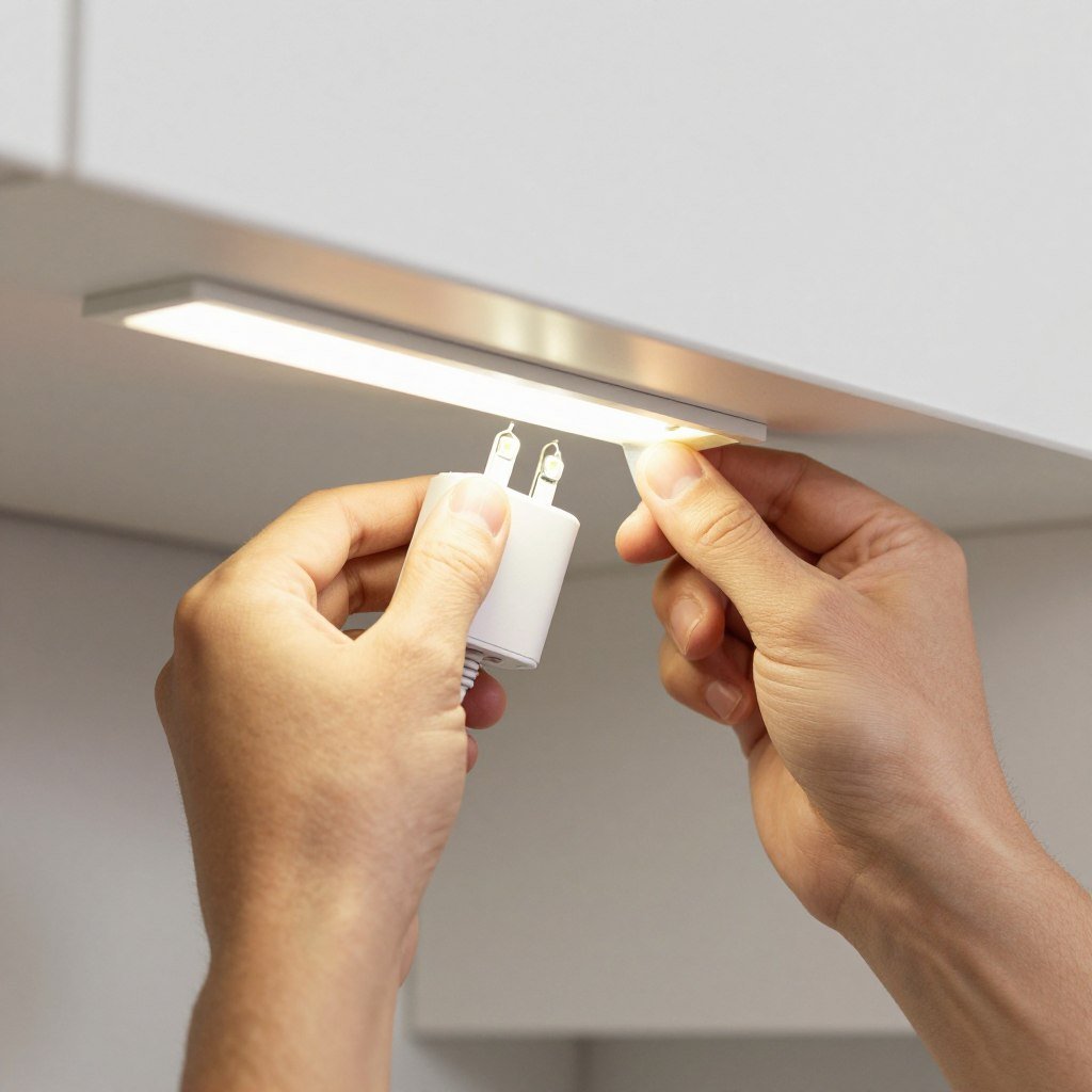 Person installing plug-in under cabinet lighting