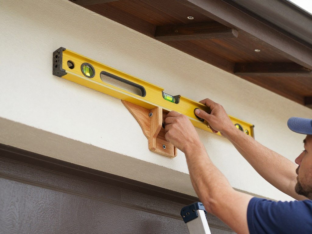 Person installing wooden brackets to the wall above a garage door for a pergola project