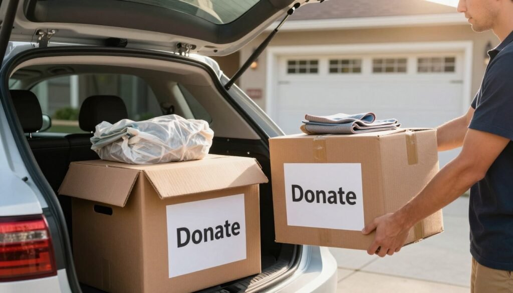 Person loading unsold garage sale items into car for donation